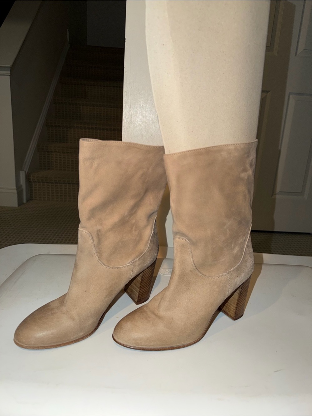 Free People Beige Suede Mid-Calf Block Heel Boots